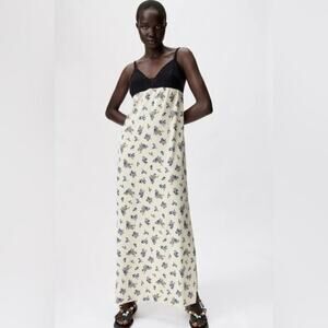 Zara Cream Floral Satin Maxi with Crochet Top Size Small NWOT